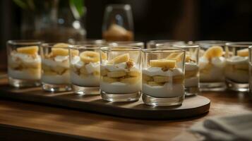 Glasses with delicious banana pudding on table. AI Generative photo