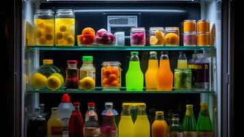 Different products on refrigerator shelves, AI Generative photo