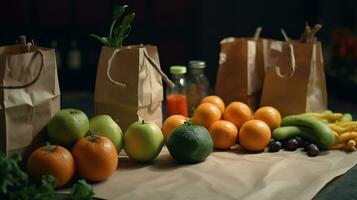 antecedentes de sano alimento. sano comida en papel pantalones de pez, vegetales y frutas en el mesa en un cocina. supermercado concepto comida compras, ai generativo foto