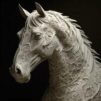 un esculpido caballo es corriendo en un oscuro atmósfera, en el estilo de intrincadamente detallado patrones, madera escultor, ai generativo foto