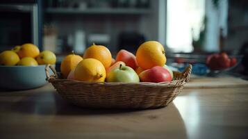 cesta con Fresco frutas en mesa en cocina, ai generativo foto