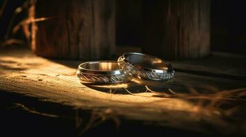 Two wedding rings sitting on a table inside a wedding reception that is taking place in a barn. AI Generative photo