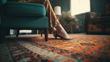 mujer sentado en Sillón con pies en alfombra a hogar. ai generativo foto