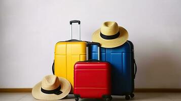 Three suitcases, red textile and blue hard shell luggage, extended telescopic handle, straw hat, yellow beach bag, white textured wall background. Couples retreat trip concept. AI Generative photo
