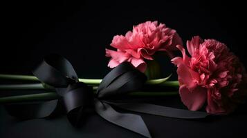 Black funeral ribbon with carnation flowers, AI Generative photo