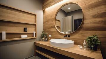 elegante interior de ligero baño con contadores, lavabo y espejo. generativo ai foto