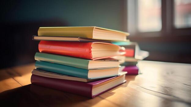 apilar de libros en el de colores cubrir laico y abierto libro con antiguo paginas en el de madera mesa y pastel antecedentes. educación aprendizaje concepto. generativo ai foto