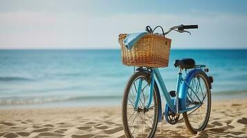 Blue cruiser bike on sunny day at sea shore with a lot of copy space for text. Generative AI photo