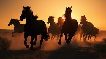 Wide - angle photo portrait silhouette of horses running on plains, the sun is setting, silhouette of running stallions, wild horses running, dusk and sunset, Generative AI