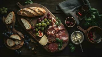 Sliced bread topped with cheese and prosciutto on a wooden board, garnished with herbs and olives, small dish of olive oil with a sprig of basil, all set on a wooden dining table, Generative AI photo