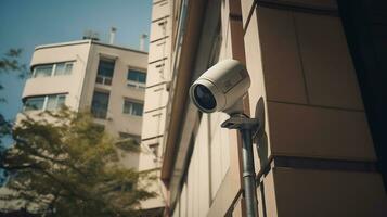 CCTV mounted on a pole outside an apartment building for monitor security. Generative AI photo