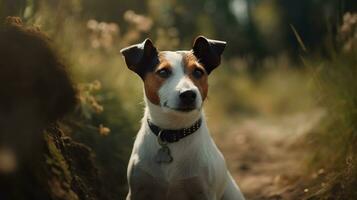 Purebred Jack Russell Terrier dog outdoors on a sunny summer day. Generative AI photo