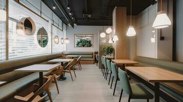 The interior of a modern cafe of 100 square meters with chairs and tables, A modern and minimalist food court with a focus on health and wellness. Generative AI photo