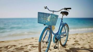 Feminine bicycle of comfort class with empty basket on the sandy beach of mediterranean sea. Blue cruiser bike on sunny day at sea shore with a lot of copy space for text. Generative AI photo