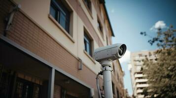 CCTV. video surveillance camera is mounted on a pole outside an apartment building for monitor security. Generative AI photo