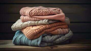 Bunch of knitted warm pastel color sweaters with different knitting patterns folded in stack on brown wooden table, grunged texture wall background. Fall winter season knitwear. Generative AI photo