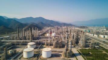 Oil refinery with a background of mountains and sky.The factory is located in the middle of nature, Generative AI photo