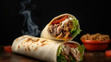 Shawarma sandwich gyro fresh roll of lavash chicken, lamb or beef shawarma Traditional Eastern oriental snack, Generative AI photo