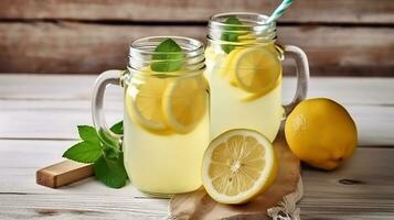 Two mason jar glasses of homemade refreshing lemonade with slices of organic ripe lemon, whole and halves, juicer, muddler, squeezer on a rustic white wooden background. Generative AI photo