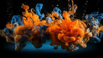 Spectacular image of blue and orange liquid ink churning together, with a realistic texture and great quality. 3D Illustration. Generative AI photo