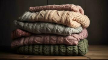 Bunch of knitted warm pastel color sweaters with different knitting patterns folded in stack on brown wooden table, grunged texture wall background. Generative AI photo