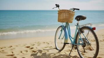 Feminine bicycle of comfort class with empty basket on the sandy beach of mediterranean sea. Blue cruiser bike on sunny day at sea shore with a lot of copy space for text. Generative AI photo