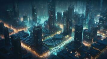 aéreo paisaje urbano de un futurista ciudad en cyberpunk estilo. generativo ai foto