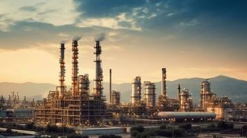 Oil refinery with a background of mountains and sky.The factory is located in the middle of nature and no emissions, Top View, Generative AI photo