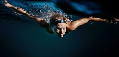 profesional mujer nadador montando el ola con habilidad y elegancia. generativo ai foto