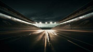 carrera pista arena con focos vacío carreras pista con tribunas, disparo en el medio de el carreras pista y comenzando punto, generativo ai foto