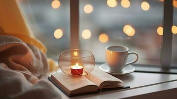 Season, leisure and objects concept - cup with mesh tea infuser ball, books, garland lights and candle burning on window sill at home. Generative AI photo
