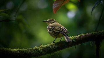 An portrait of a wild bird perched atop a branch, surrounded by a lush green forest. Generative AI photo