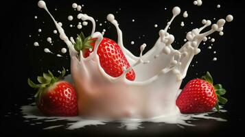 Strawberries falling into milk, splashes of milk, Generative AI photo