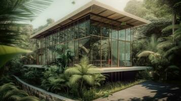 Tropical oasis indoor outdoor living modern glass house in rainforest nature. Generative AI photo