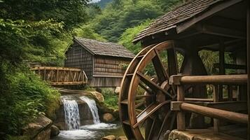 The mill wheel rotates under a stream of water at village with traditional thatched roofed houses. Generative AI photo