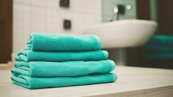 Serenity and Luxury, Turquoise Spa Towels Creating a Tranquil Oasis. Generative AI photo
