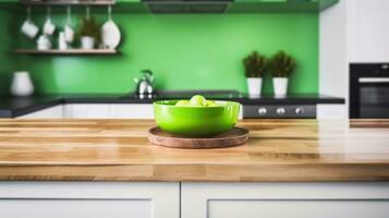 The Perfect Blend, Wooden Table on a Green Modern Kitchen Bench, Harmonizing Beauty and Functionality. Generative AI photo