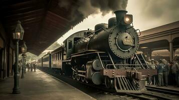 Clásico tren estación, con ondulante vapor, emocionado pasajeros, y un sentido de aventuras y nostalgia, generativo ai foto