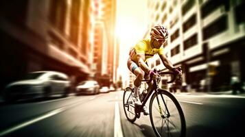 Racing cyclist on street, daylight, gradient from magenta to yellow. Generative AI photo