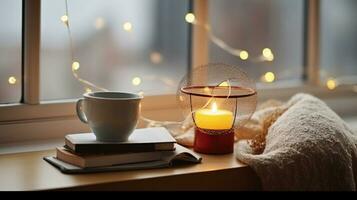 Season, leisure and objects concept - cup with mesh tea infuser ball, books, garland lights and candle burning on window sill at home. Generative AI photo