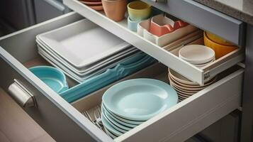 Discover the Exquisite Set of Tableware Nestled in the Kitchen Drawers. Generative AI photo