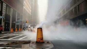 Steam heat pipe on city street construction work make fog and smoke. Generative AI photo