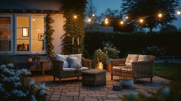 Enjoying the Tranquil Beauty of a Suburban House's Garden on a Summer Evening. Generative AI photo