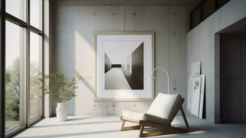 Highly detailed photography of a minimal interior with a picture frame mockup. Generative AI photo