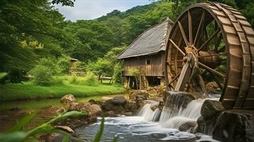 The mill wheel rotates under a stream of water at village with traditional thatched roofed houses. Generative AI photo