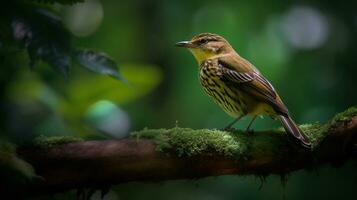 An portrait of a wild bird perched atop a branch, surrounded by a lush green forest. Generative AI photo