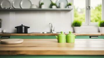 naturalezas tocar, de madera mesa agraciando el verde moderno cocina banco, infundir orgánico vibras. generativo ai foto