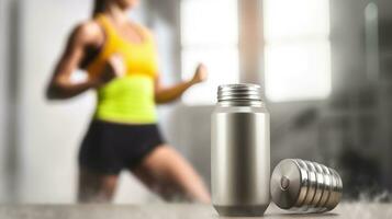 Composition with metal dumbbell, protein shake and blurred woman jogging on background, Generative AI photo