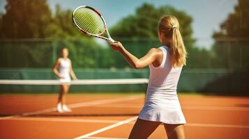 Young woman playing tennis on court, Generative AI photo