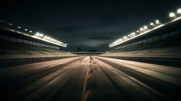 vacío carreras pista con tribunas, disparo en el medio de el carreras pista y comenzando punto, generativo ai foto